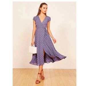 Reformation Carina Polka Dot Wrap Midi Dress Viola Purple